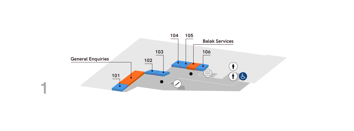 Map of the level 1 rooms and facilities at the Bendigo Law Courts