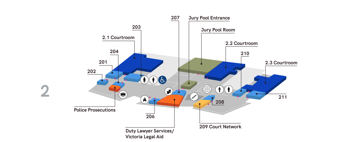 Map of level 2 rooms and facilities at the Bendigo Law Courts