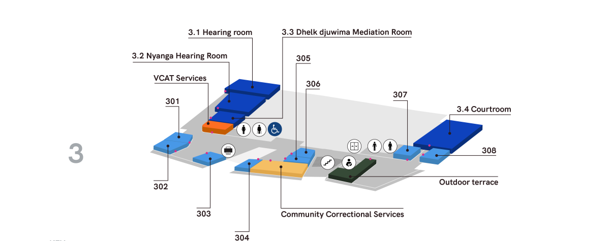 Map of the level 3 rooms and facilities at the Bendigo Law Courts