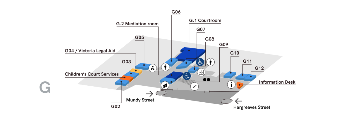Map of the ground floor rooms and facilities at the Bendigo Law Courts